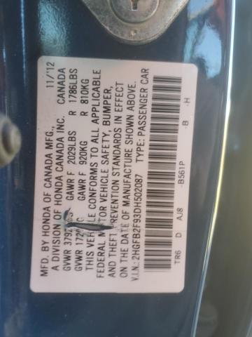 2HGFB2F93DH502087 - 2013 HONDA CIVIC EXL ლურჯი ფოტო 12