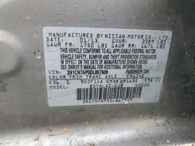 3N1CN7AP5DL867909 - 2013 NISSAN VERSA S GRAY photo 12