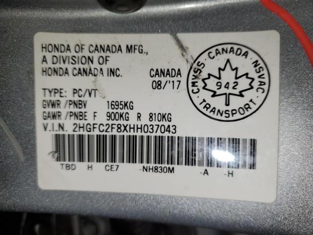 2HGFC2F8XHH037043 - 2017 HONDA CIVIC EX SILVER photo 12