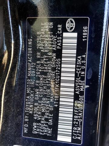 4T1BF1FK1CU172505 - 2012 TOYOTA CAMRY BASE BLACK photo 12