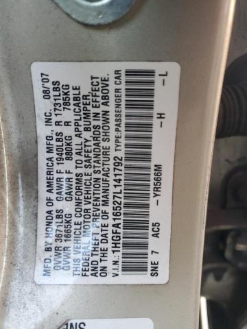 1HGFA16527L141792 - 2007 HONDA CIVIC LX GOLD photo 12
