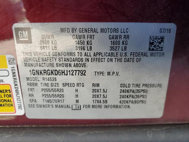 1GNKRGKD6HJ127792 - 2017 CHEVROLET TRAVERSE LT BURGUNDY photo 14