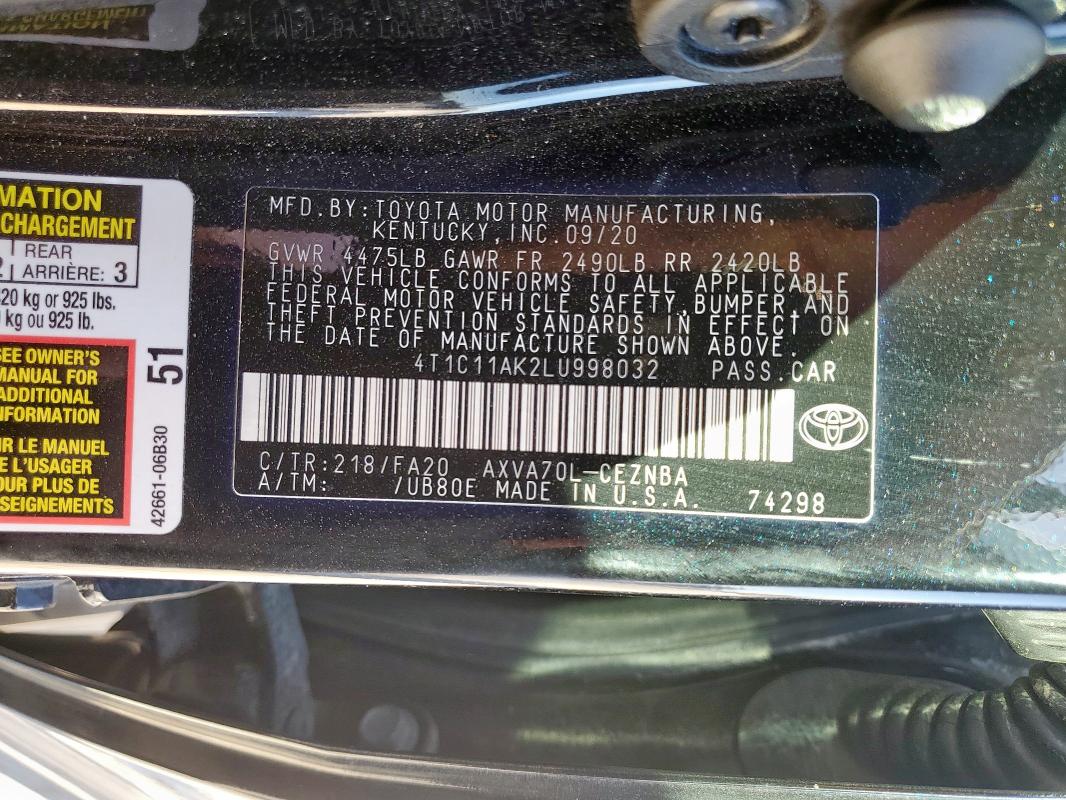 4T1C11AK2LU998032 - 2020 TOYOTA CAMRY LE BLACK photo 13