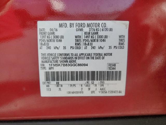 1FM5K7B83GGC86094 - 2016 FORD EXPLORER RED photo 13