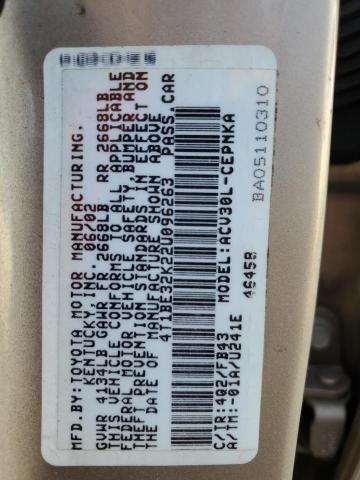 4T1BE32K22U096263 - 2002 TOYOTA CAMRY LE ბეჟი ფოტო 12