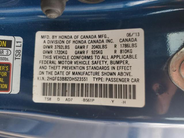 2HGFG3B82DH523551 - 2013 HONDA CIVIC EX BLUE photo 13