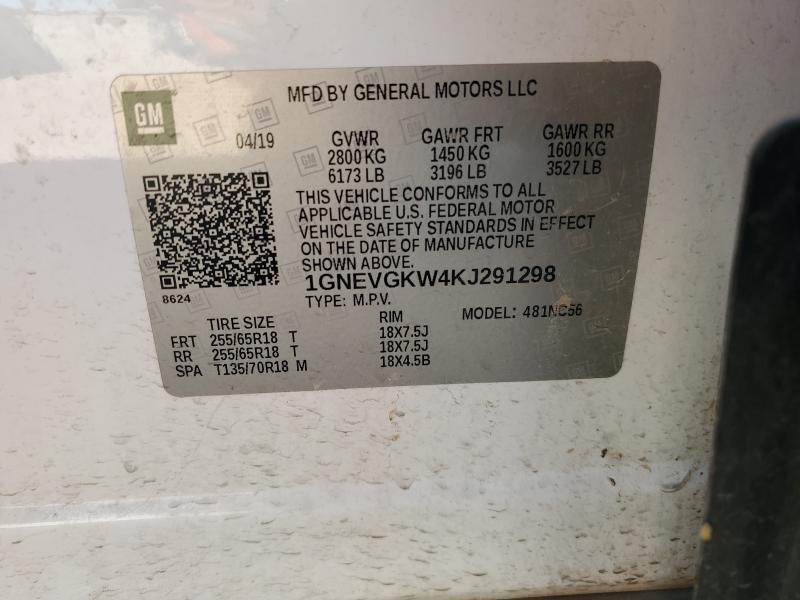 1GNEVGKW4KJ291298 - 2019 CHEVROLET TRAVERSE LT Beyaz fotoğraf 13