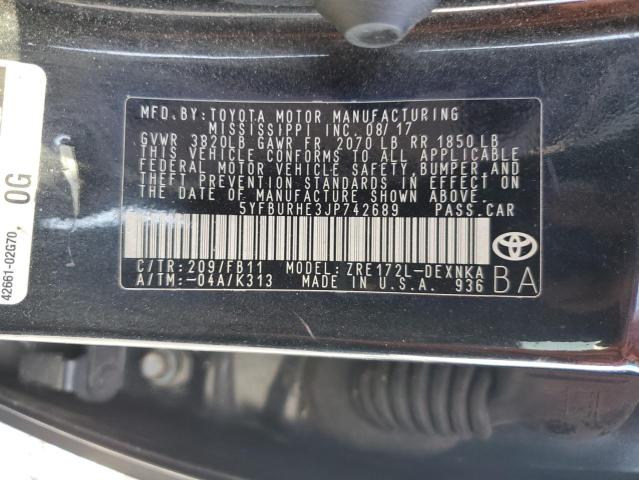 5YFBURHE3JP742689 - 2018 TOYOTA COROLLA L BLACK photo 13