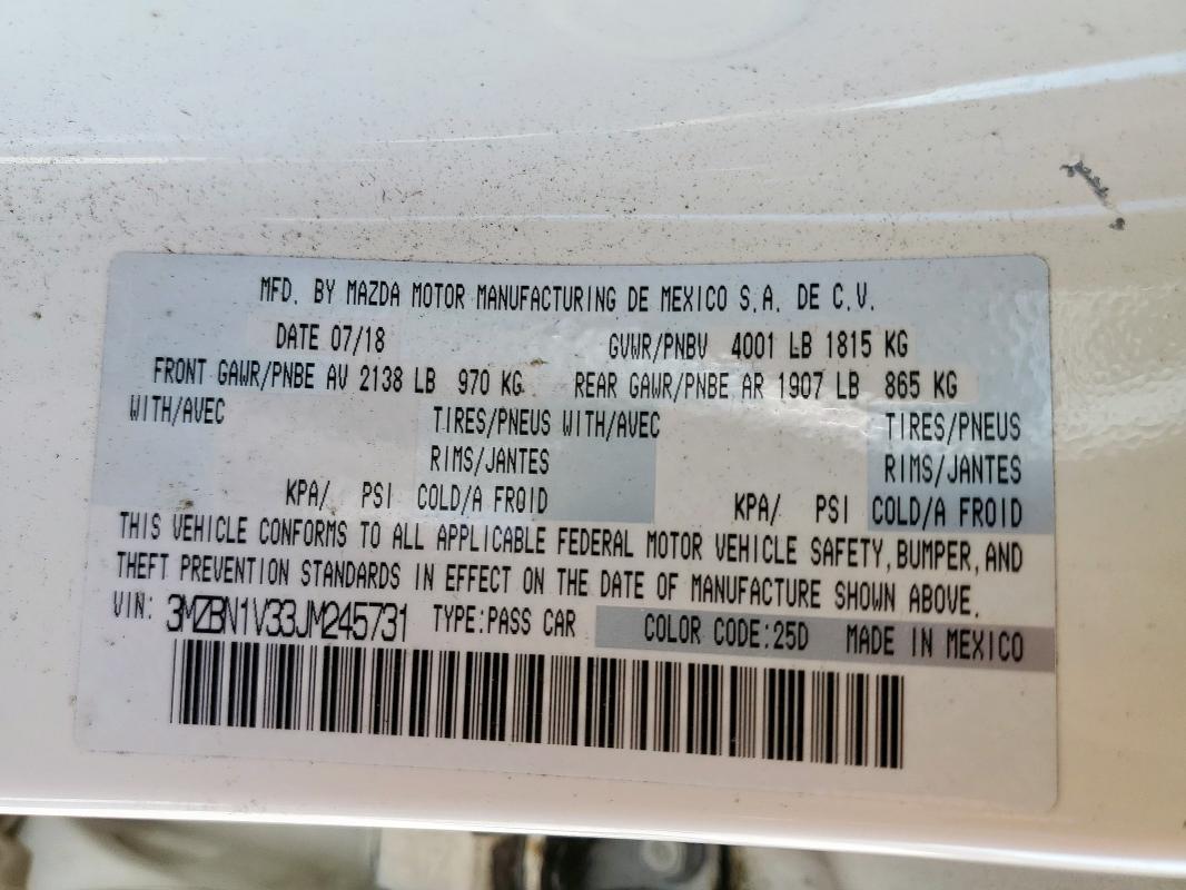 3MZBN1V33JM245731 - 2018 MAZDA 3 TOURING WHITE photo 13