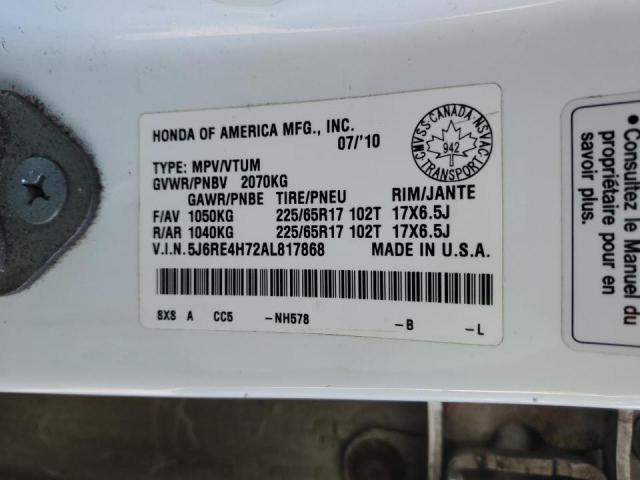 5J6RE4H72AL817868 - 2010 HONDA CR-V EXL WHITE photo 13