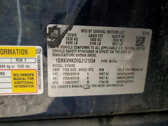 1GNKVHKD0GJ121504 - 2016 CHEVROLET TRAVERSE LT BLUE photo 13