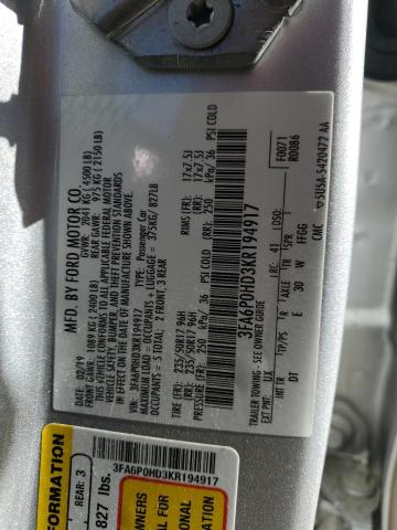 3FA6P0HD3KR194917 - 2019 FORD FUSION SE ვერცხლისფერი ფოტო 12