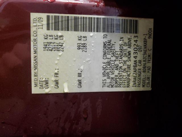 1N4AL2AP8AN430243 - 2010 NISSAN ALTIMA BASE BURGUNDY photo 12
