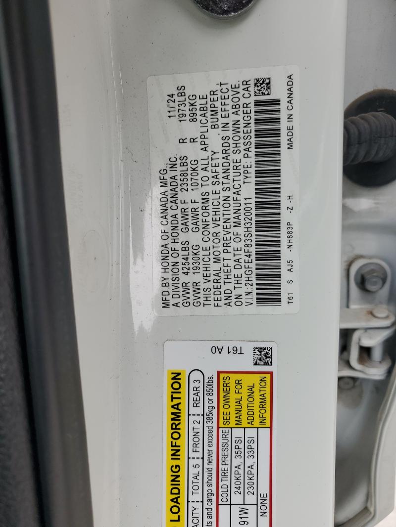 2HGFE4F83SH320011 - 2025 HONDA CIVIC SPORT თეთრი ფოტო 12