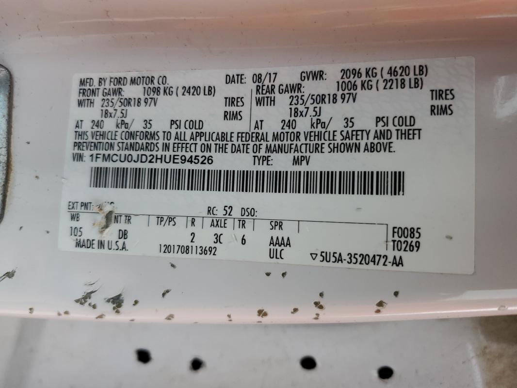 1FMCU0JD2HUE94526 - 2017 FORD ESCAPE TITANIUM WHITE photo 14