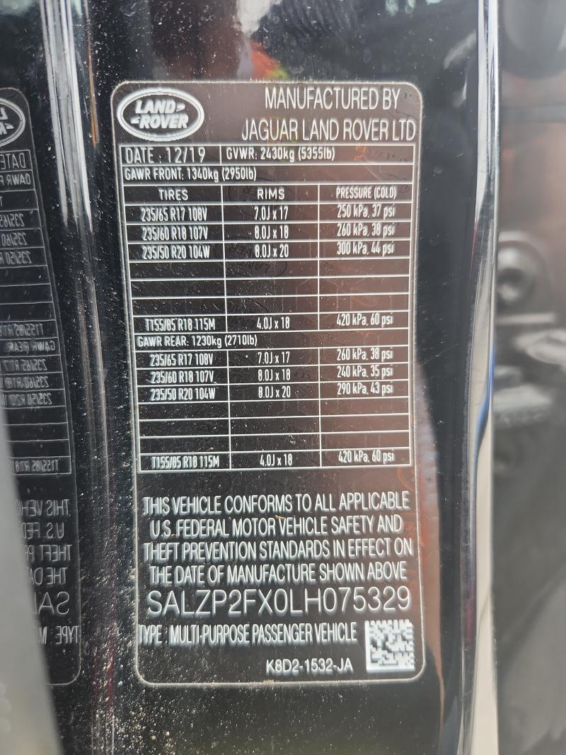 SALZP2FX0LH075329 - 2020 LAND ROVER RANGE ROVE SE BLACK photo 12