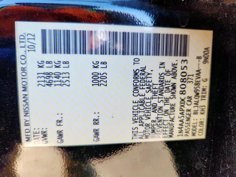 1N4AA5APXDC808053 - 2013 NISSAN MAXIMA S BLACK photo 12