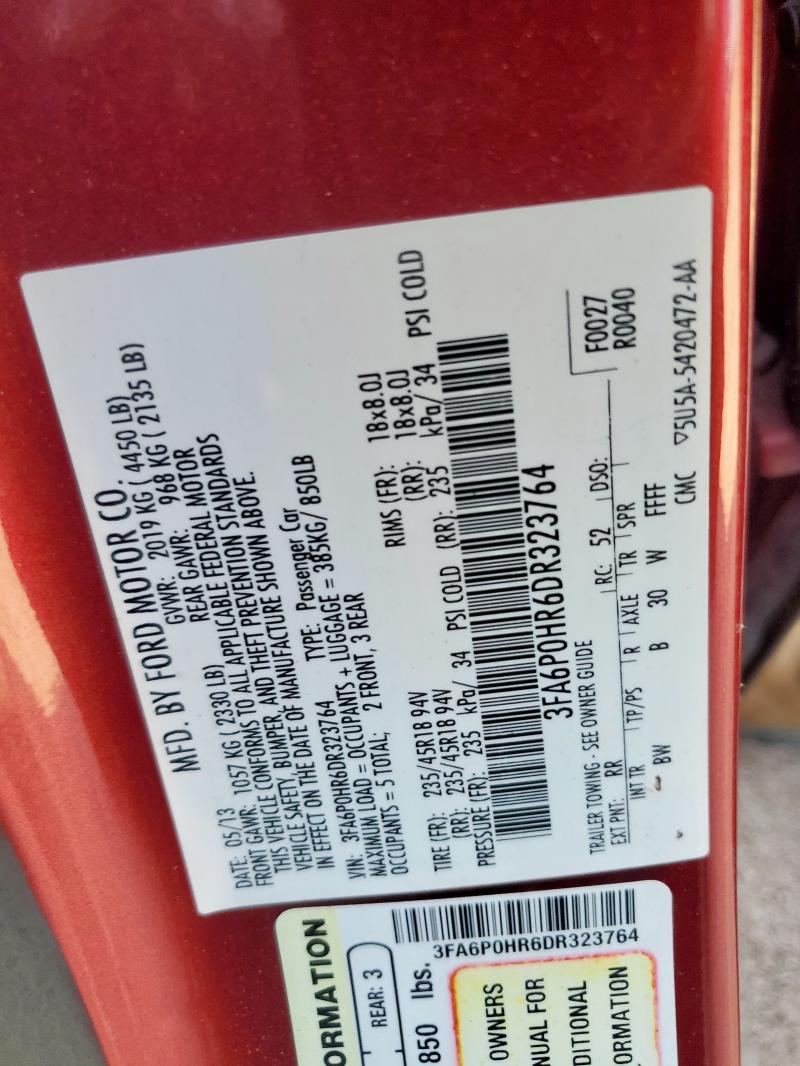 3FA6P0HR6DR323764 - 2013 FORD FUSION SE RED photo 12