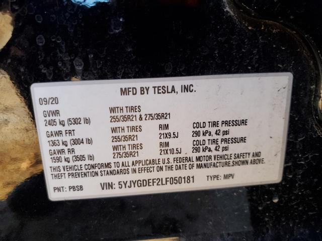 5YJYGDEF2LF050181 - 2020 TESLA MODEL Y BLACK photo 12