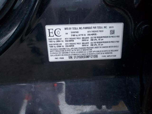 5YJYGDED3MF121095 - 2021 TESLA MODEL Y BLACK photo 12