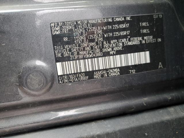 2T3P1RFV9KW043883 - 2019 TOYOTA RAV4 XLE Մոխրագույն լուսանկար 13