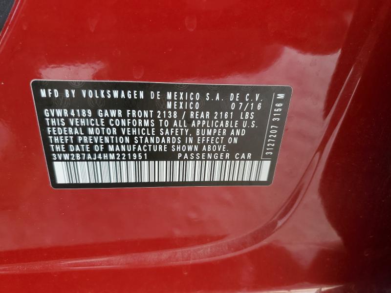 3VW2B7AJ4HM221951 - 2017 VOLKSWAGEN JETTA S BURGUNDY photo 12