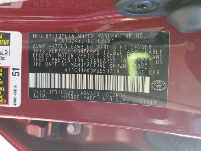 4T1C11AK3MU553719 - 2021 TOYOTA CAMRY LE 红色 照片 12