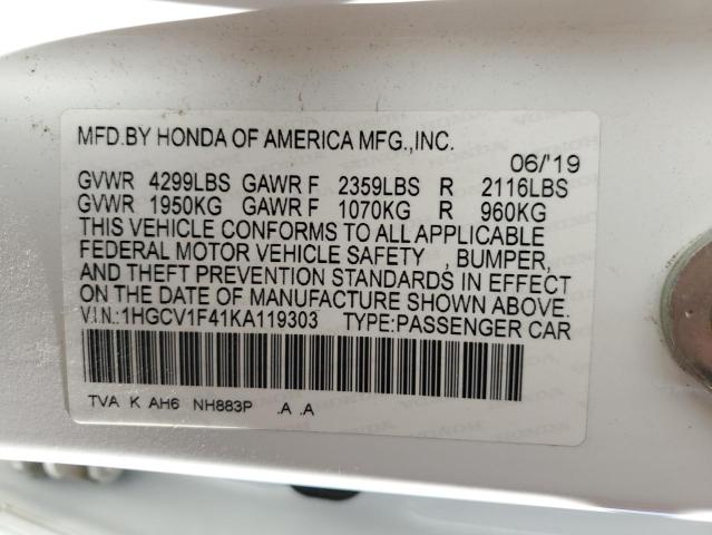 1HGCV1F41KA119303 - 2019 HONDA ACCORD EX WHITE photo 12