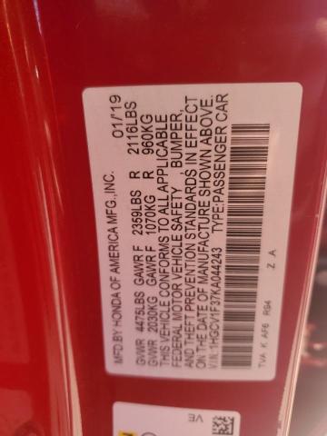 1HGCV1F37KA044243 - 2019 HONDA ACCORD SPORT წითელი ფოტო 12