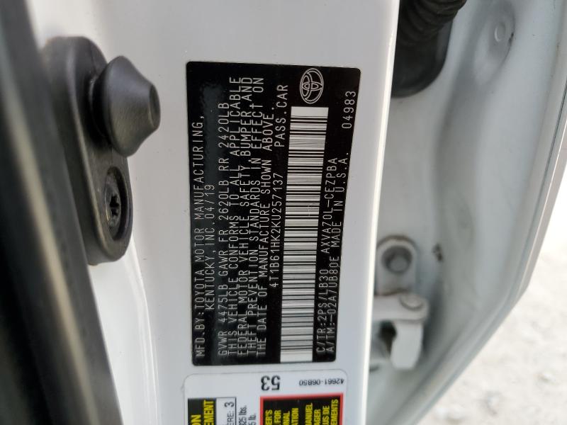 4T1B61HK2KU257137 - 2019 TOYOTA CAMRY XSE 白色 照片 12