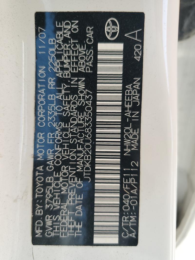 JTDKB20U683350437 - 2008 TOYOTA PRIUS WHITE photo 14