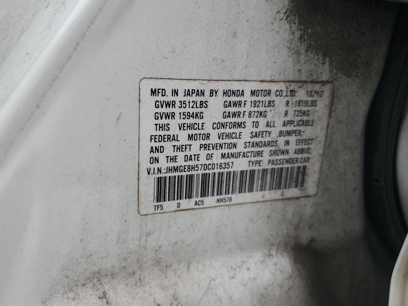 JHMGE8H57DC016357 - 2013 HONDA FIT SPORT WHITE photo 12