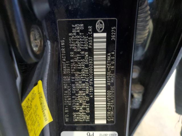 4T1BF1FKXCU002837 - 2012 TOYOTA CAMRY BASE BLACK photo 12