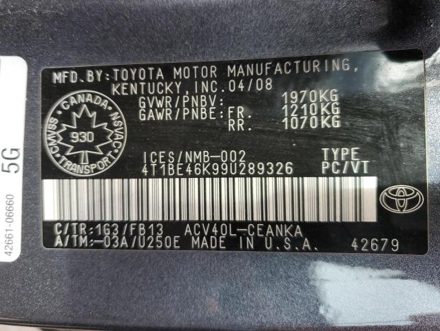 4T1BE46K99U289326 - 2009 TOYOTA CAMRY BASE GRAY photo 13