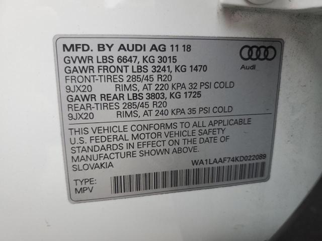 WA1LAAF74KD022089 - 2019 AUDI Q7 PREMIUM PLUS Սպիտակ լուսանկար 13