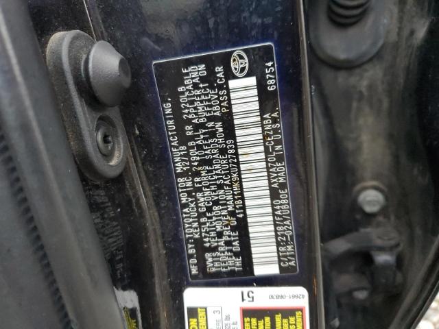 4T1B11HK9KU727839 - 2019 TOYOTA CAMRY L BLACK photo 12