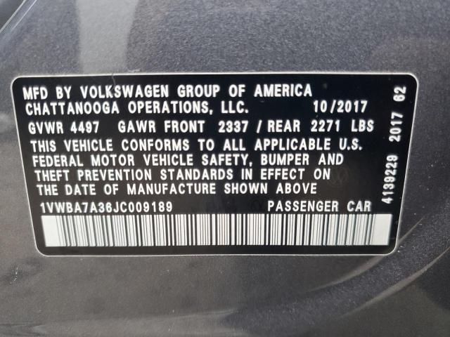 1VWBA7A36JC009189 - 2018 VOLKSWAGEN PASSAT SE ნაცრისფერი ფოტო 12
