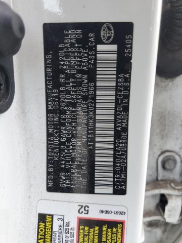 4T1B11HK3KU271966 - 2019 TOYOTA CAMRY L თეთრი ფოტო 12