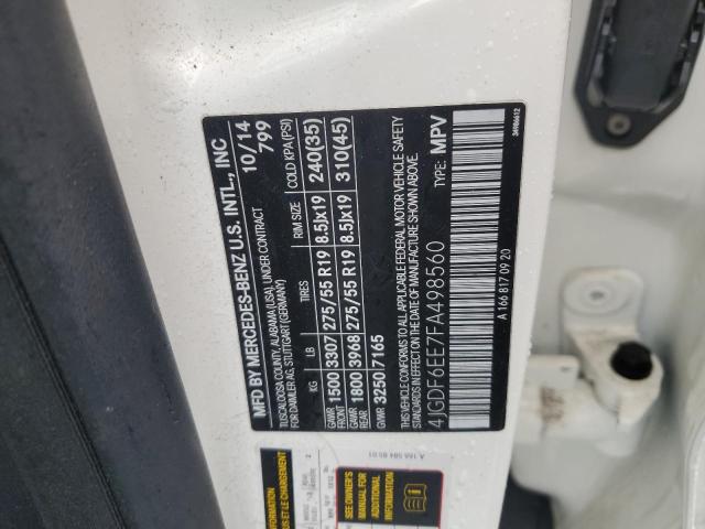 4JGDF6EE7FA498560 - 2015 MERCEDES-BENZ GL 450 4MATIC WHITE photo 13