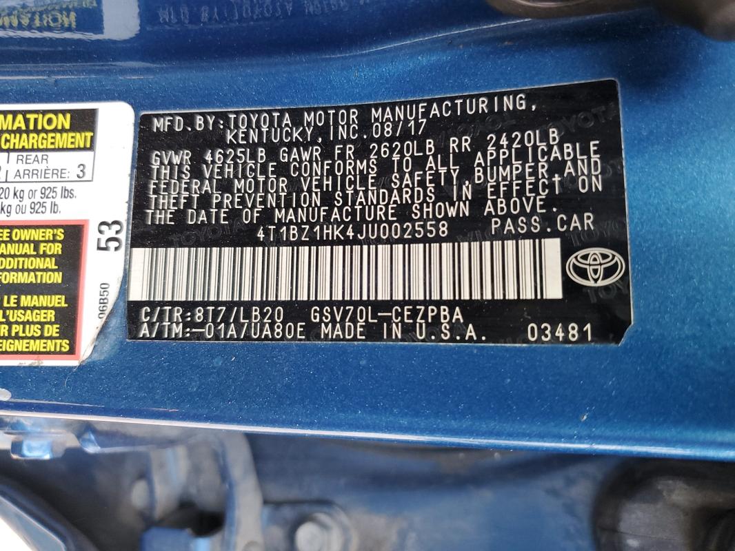 4T1BZ1HK4JU002558 - 2018 TOYOTA CAMRY XSE BLUE photo 13