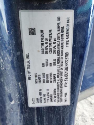 5YJ3E1EB2NF226709 - 2022 TESLA MODEL 3 Синий фото 13