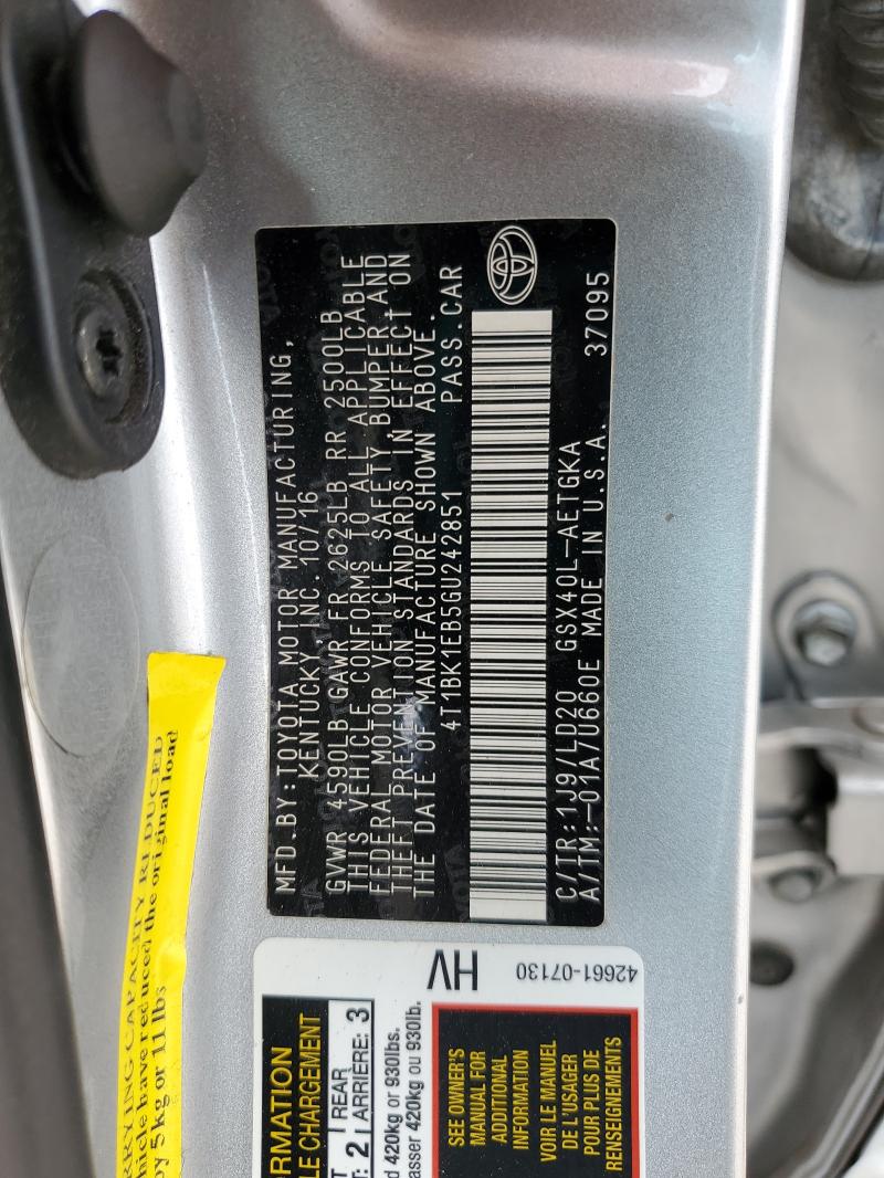 4T1BK1EB5GU242851 - 2016 TOYOTA AVALON XLE ვერცხლისფერი ფოტო 13