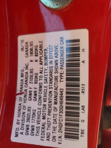 2HGFC1F30GH649443 - 2016 HONDA CIVIC EX RED photo 13