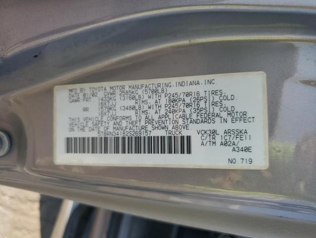 5TBRN34182S269157 - 2002 TOYOTA TUNDRA ACCESS CAB SR5 GRAY photo 12