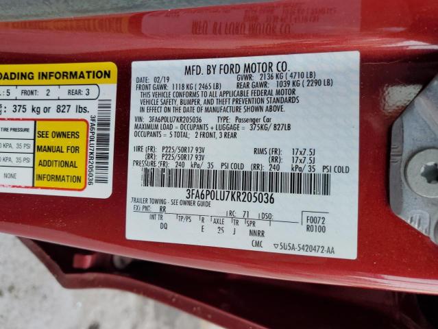 3FA6P0LU7KR205036 - 2019 FORD FUSION SE BURGUNDY photo 12