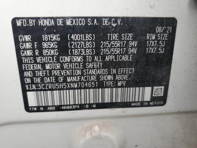 3CZRU5H5XNM704651 - 2022 HONDA HR-V EX WHITE photo 12