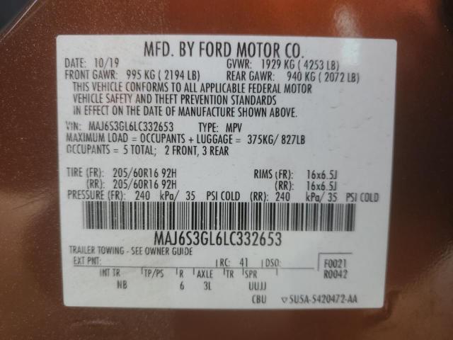 MAJ6S3GL6LC332653 - 2020 FORD ECOSPORT SE 橙色 照片 12