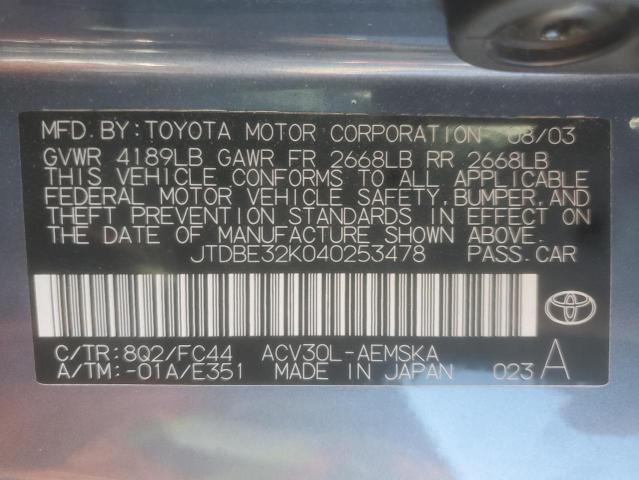 JTDBE32K040253478 - 2004 TOYOTA CAMRY LE BLUE photo 12