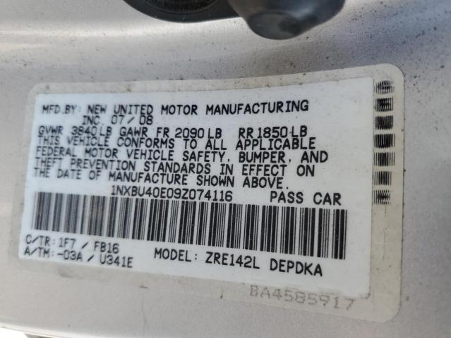 1NXBU40E09Z074116 - 2009 TOYOTA COROLLA BASE SILVER photo 12