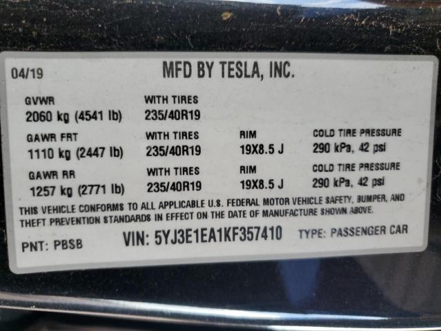 5YJ3E1EA1KF357410 - 2019 TESLA MODEL 3 BLACK photo 12
